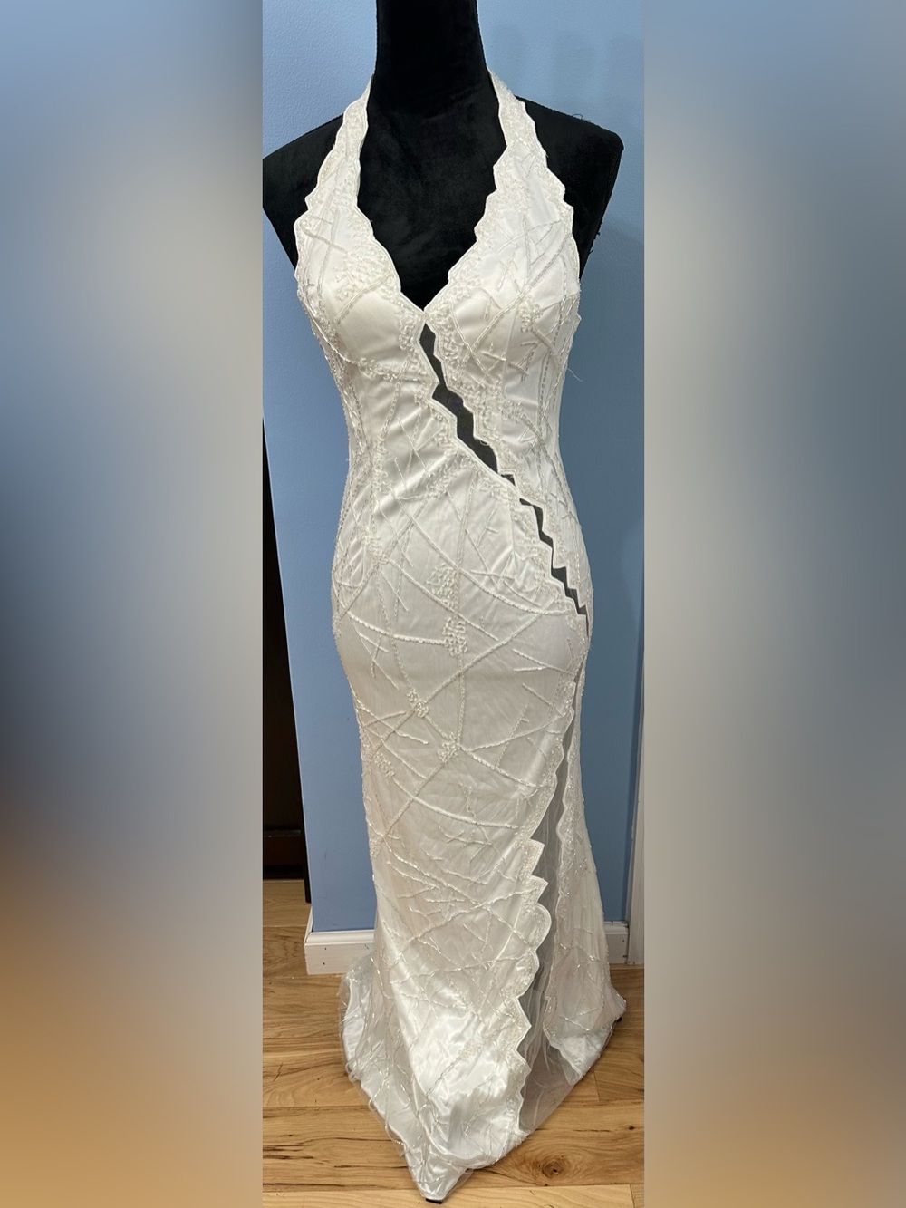 Halter Scalloped Trim White Evening Gown